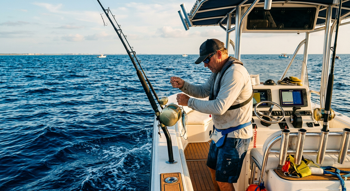 Fisherman adjusting heavy tackle on a center console boat in the Gulf of Mexico