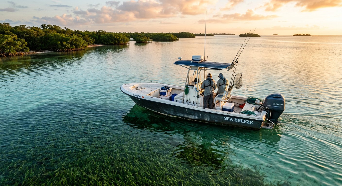 A weathered center console fishing vessel idling near a dense seagrass bed under the early morning sun