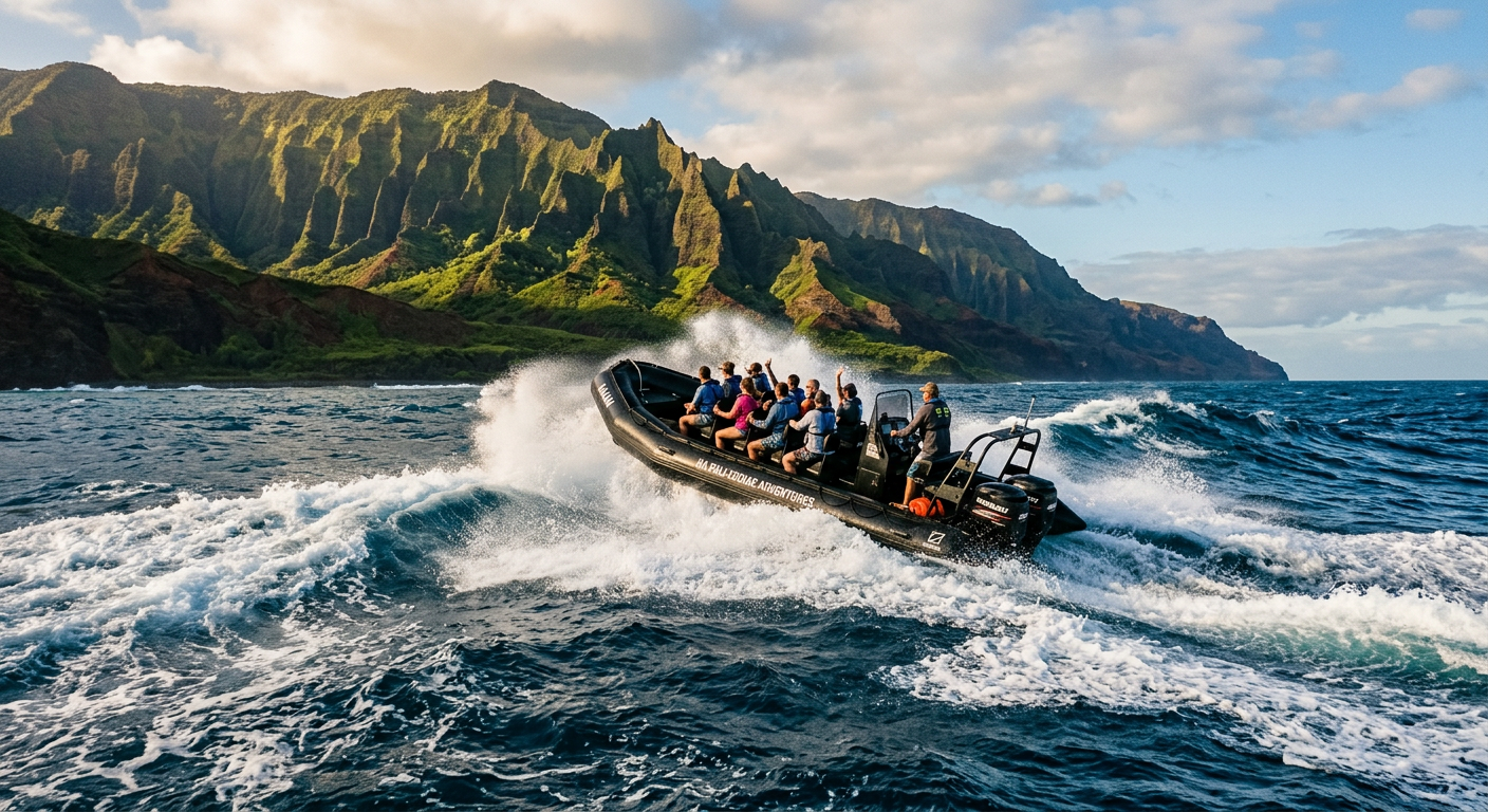 A rigid inflatable Zodiac boat cutting through ocean swells off the coast of Kauai