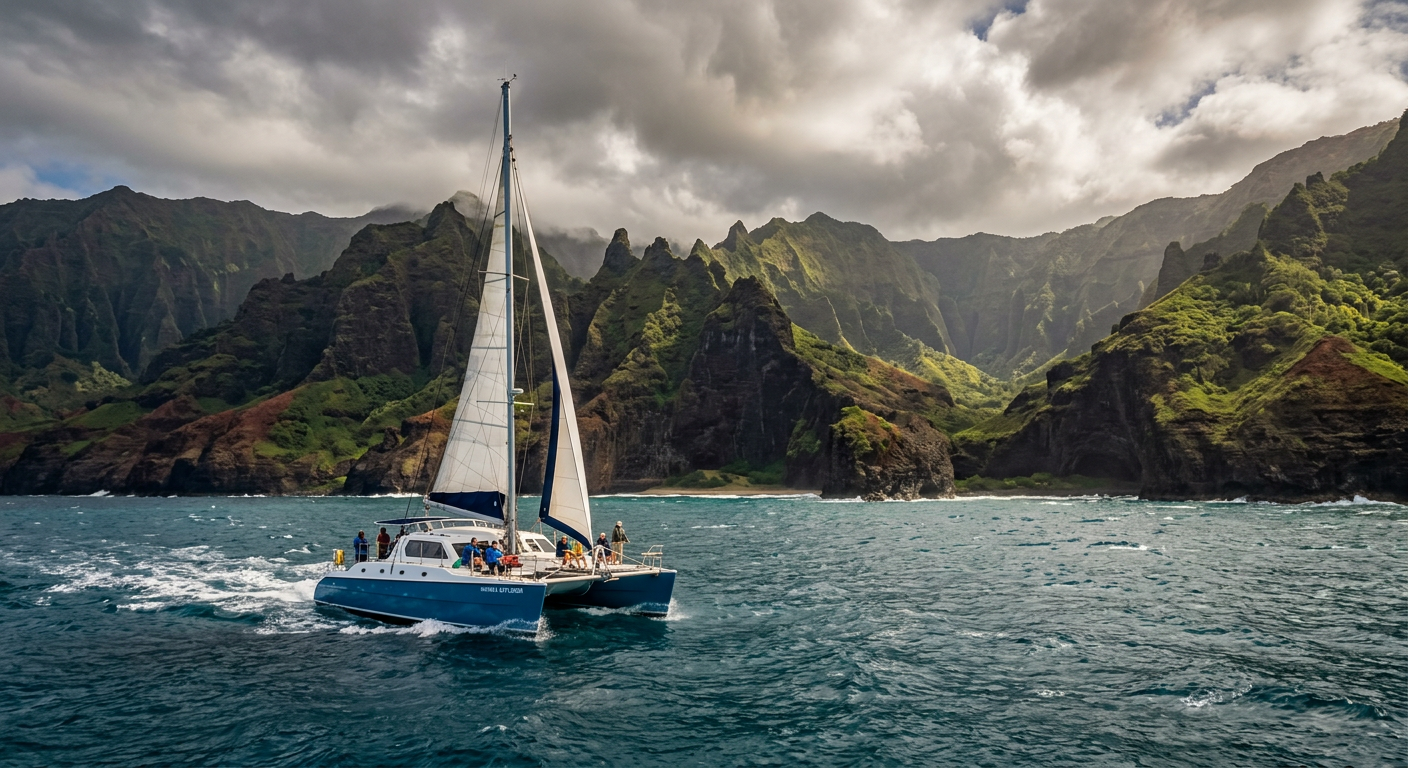A sturdy catamaran navigating the coastal waters of Waimea under a moody afternoon sky