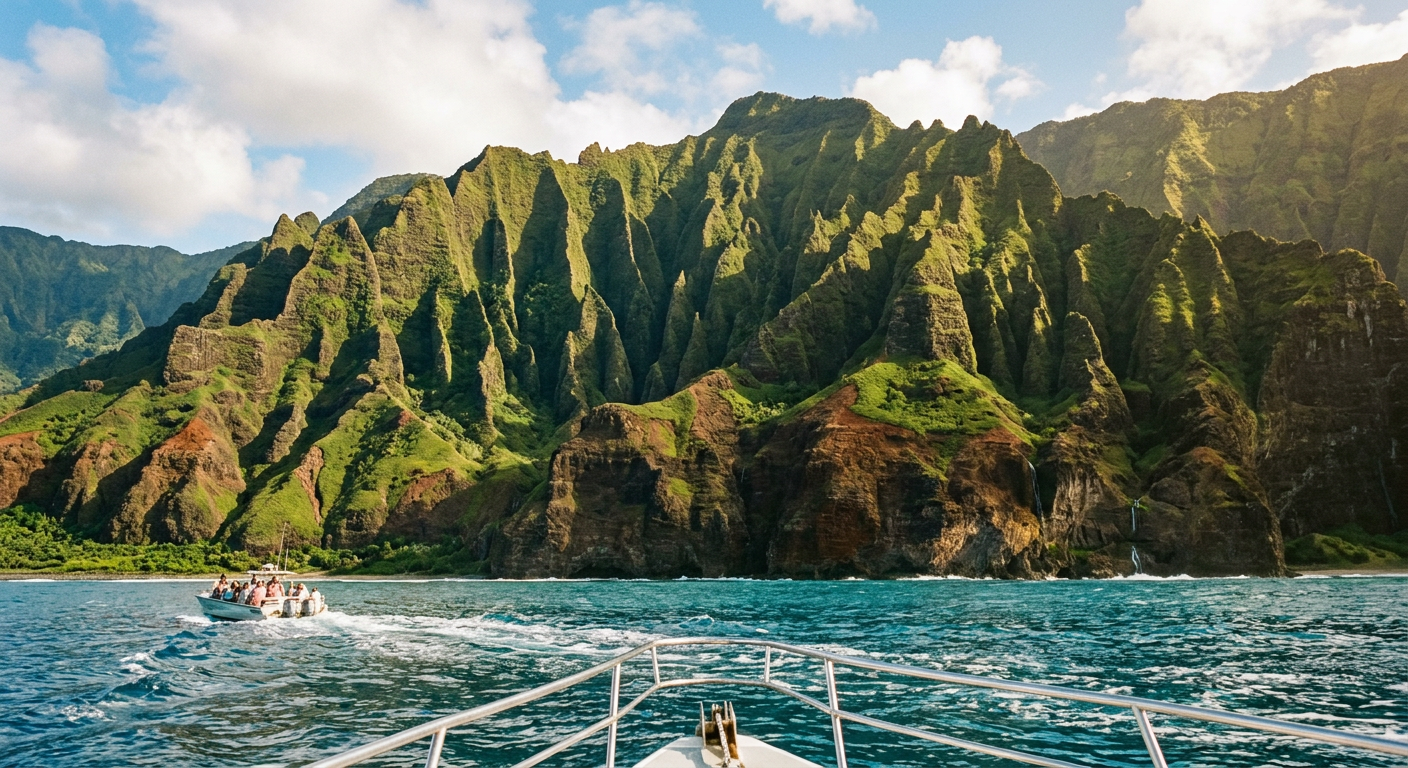 Looking up at the towering green sea cliffs of the Napali Coast from a boat on the Pacific Ocean