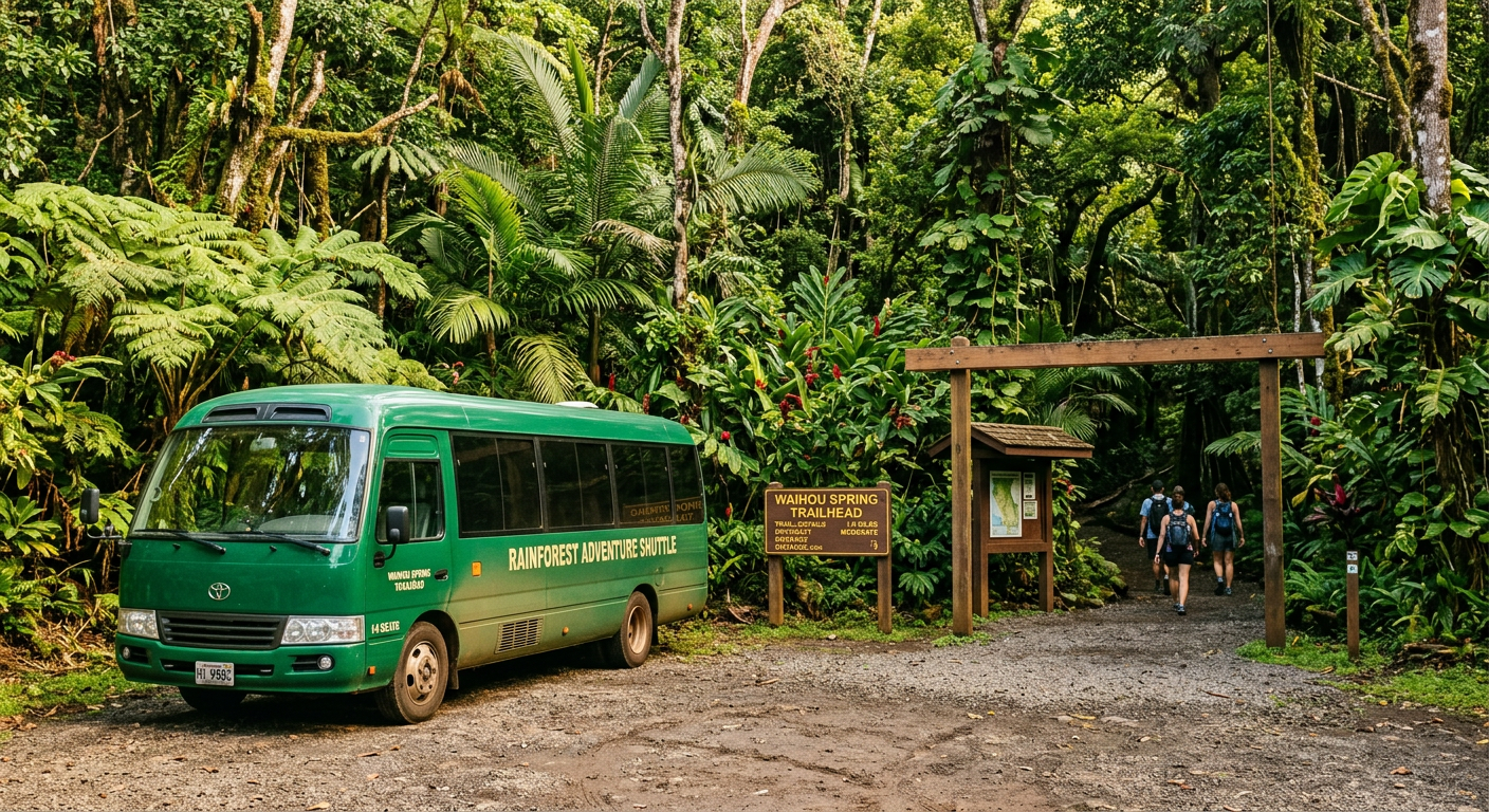 A green shuttle bus parked by a trailhead with thick tropical foliage in the background