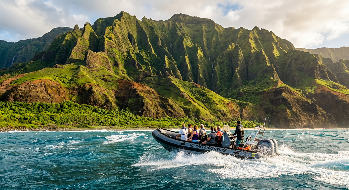 A rigid hull Zodiac boat cutting through ocean chop alongside towering green sea cliffs in Hawaii