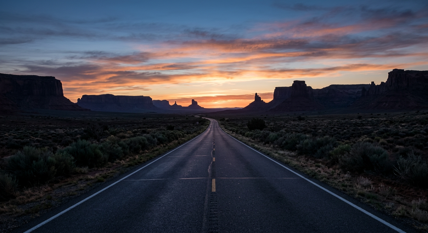 A dark, empty two-lane highway stretching out under a pre-dawn sky in Southern Utah, lined with dark sagebrush