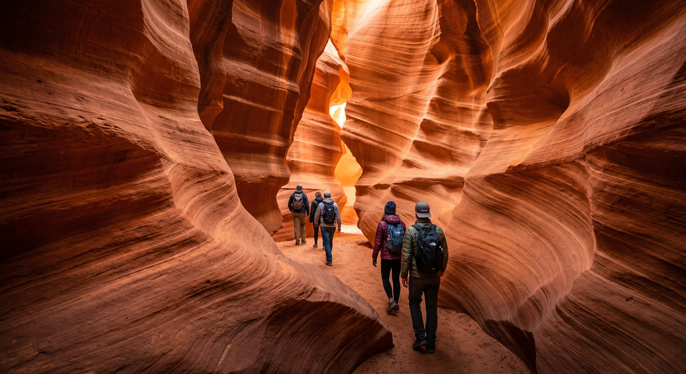 Tourists walking through the narrow, twisting sandstone walls of Upper Antelope Canyon