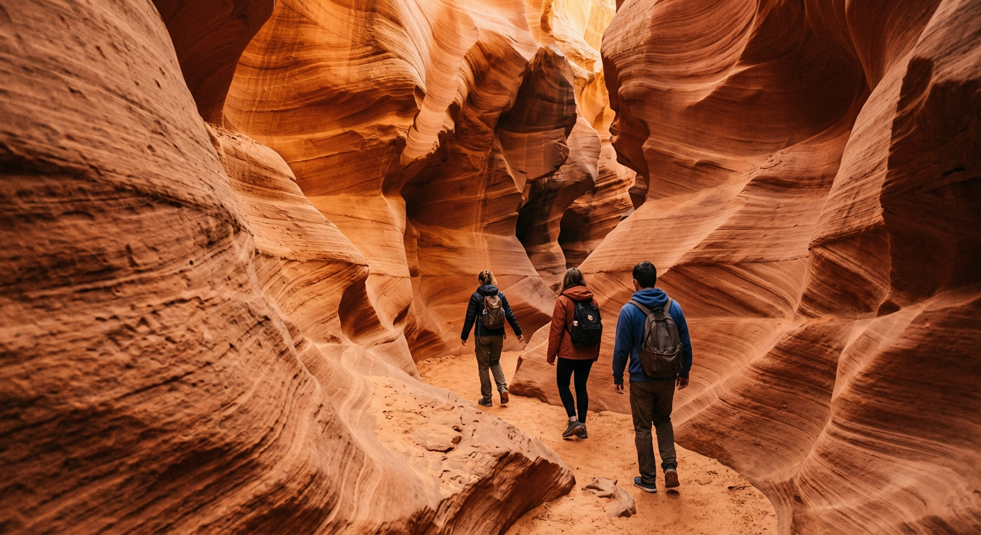 Travelers navigating narrow, sculpted sandstone walls in Lower Antelope Canyon