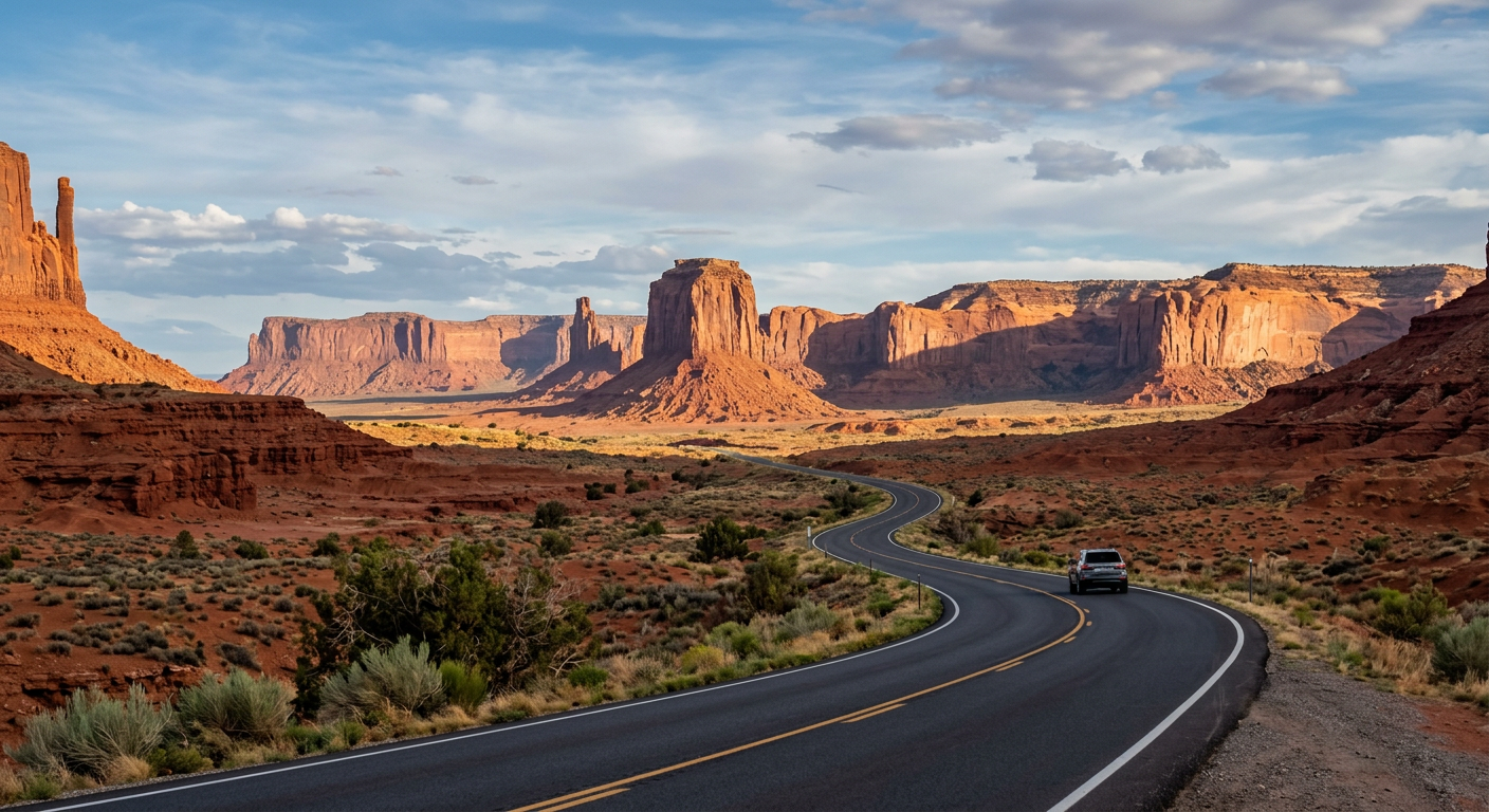 Red desert highway cutting through sandstone mesas in southern Utah