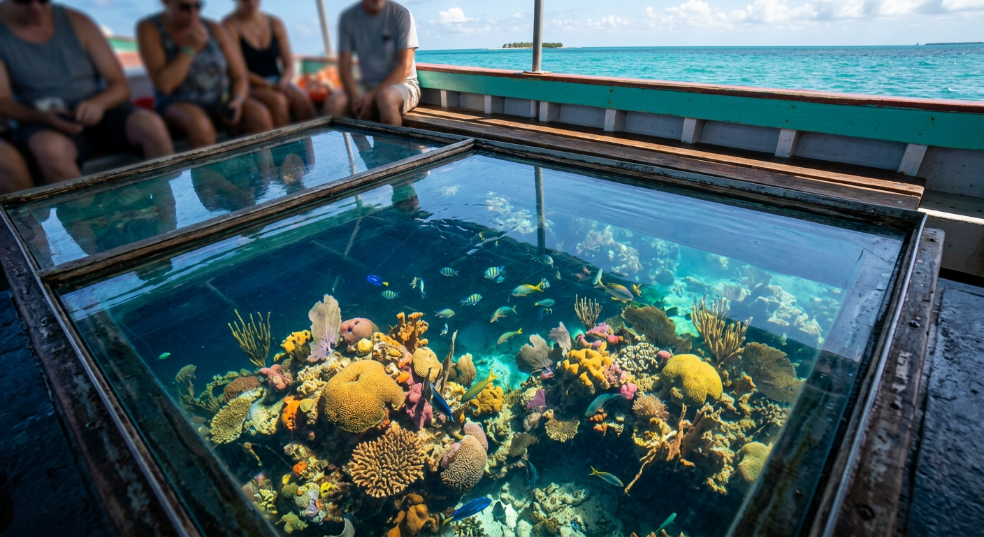 The dark blue water and coral formations visible through the glass bottom of a tour boat in Key West