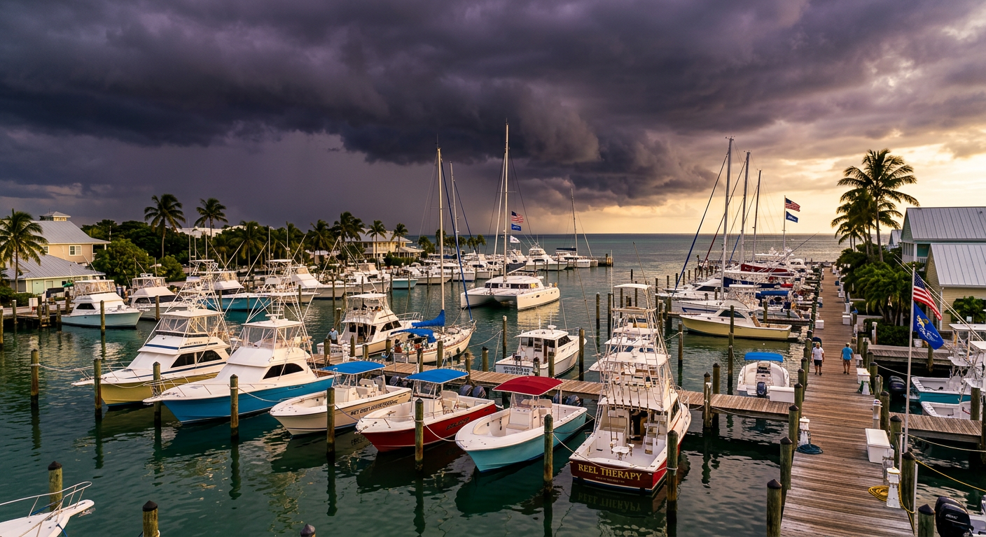 Dark purple storm clouds gathering over a fleet of charter boats docked in a Key West marina