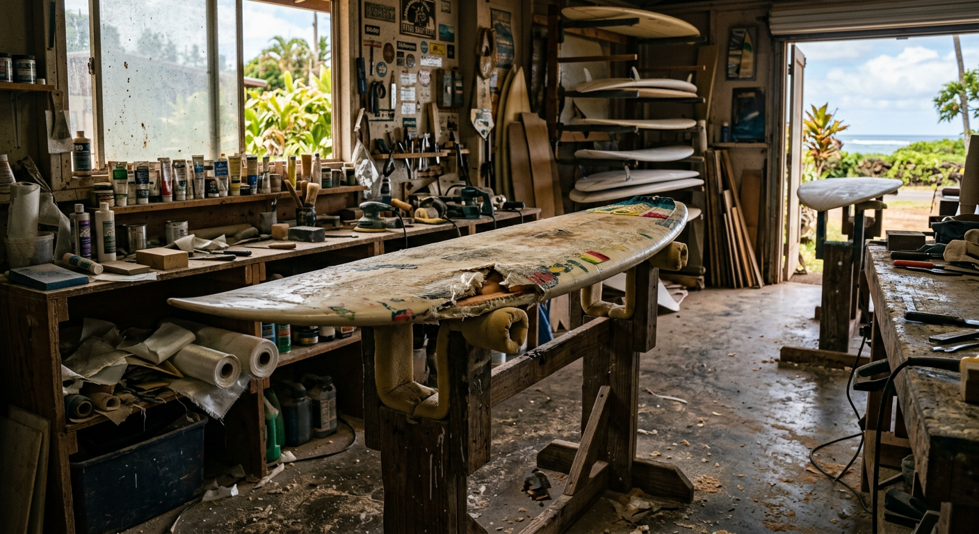 Torn surfboard resting on a shaping stand inside a dimly lit Oahu repair shop