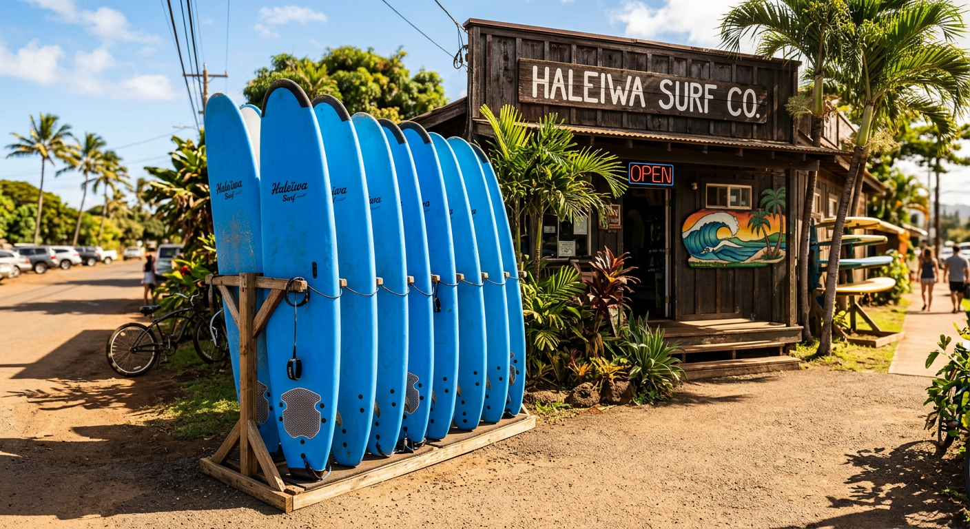 A row of thick blue soft top surfboards standing outside a wooden surf shop in Haleiwa