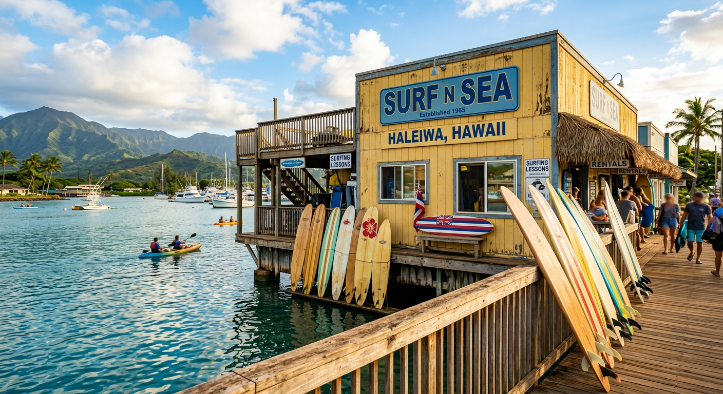 Weathered yellow storefront of Surf N Sea right on the water in Haleiwa with longboards leaning against the railing