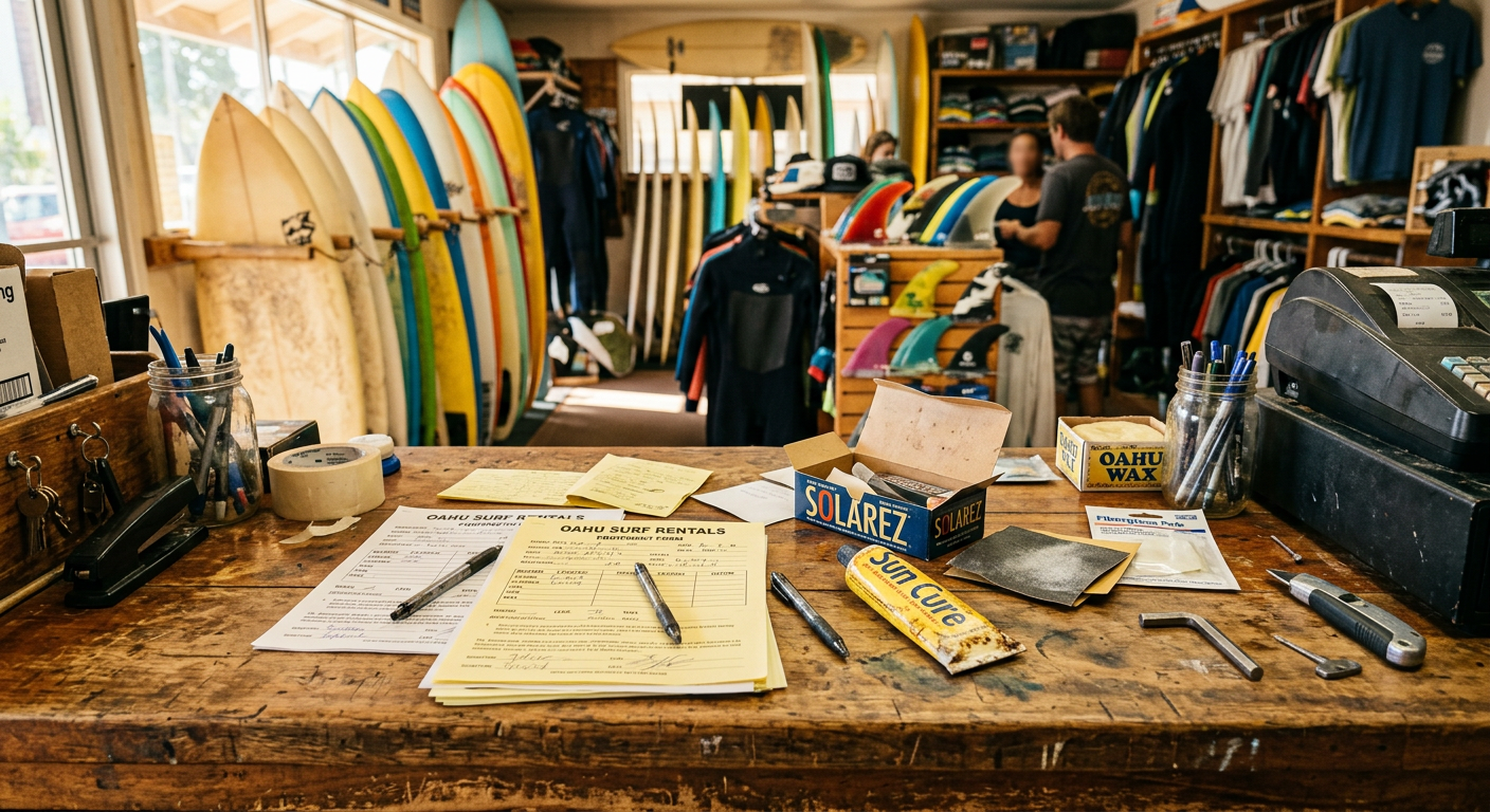 Worn counter of a local Oahu surf shop with repair tools and rental forms scattered around
