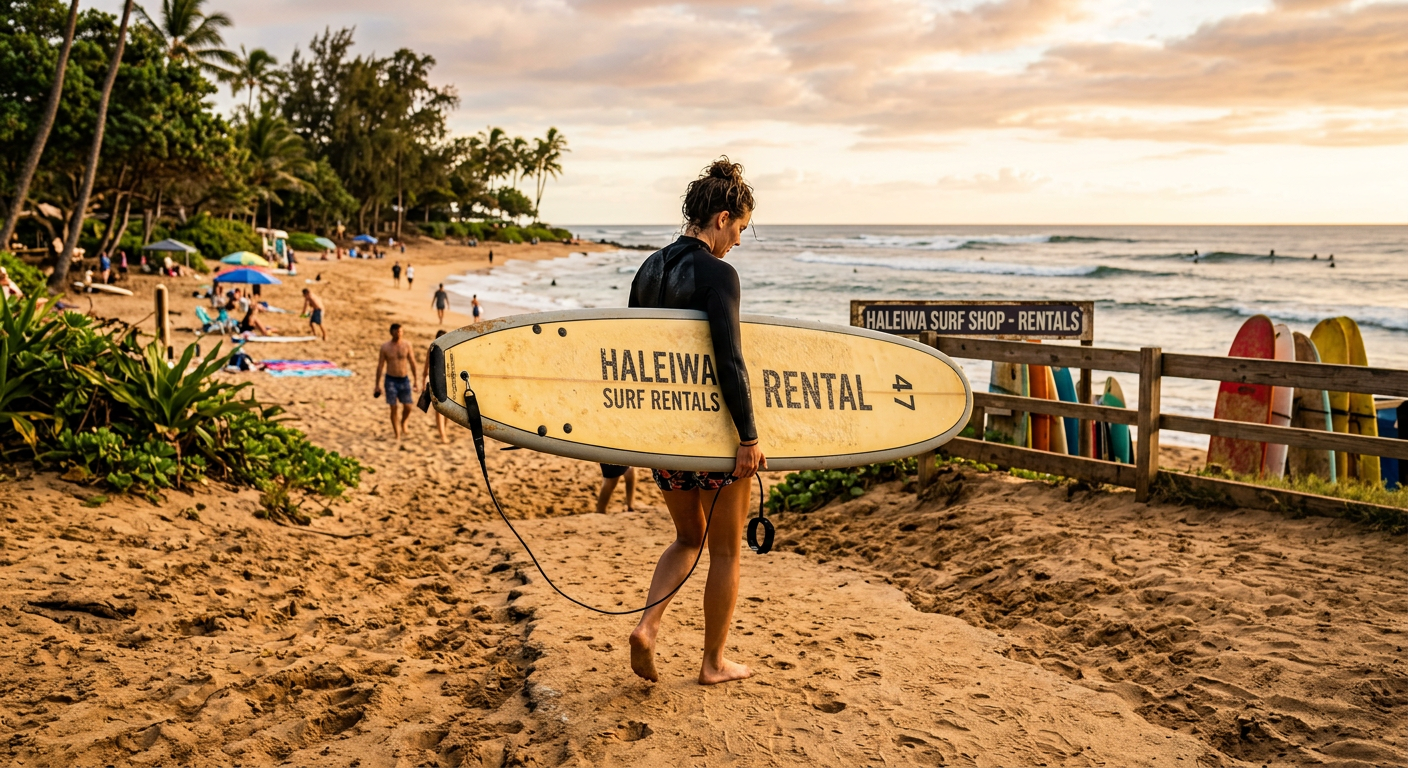 A tired surfer carrying a rented board up the sandy beach in Haleiwa