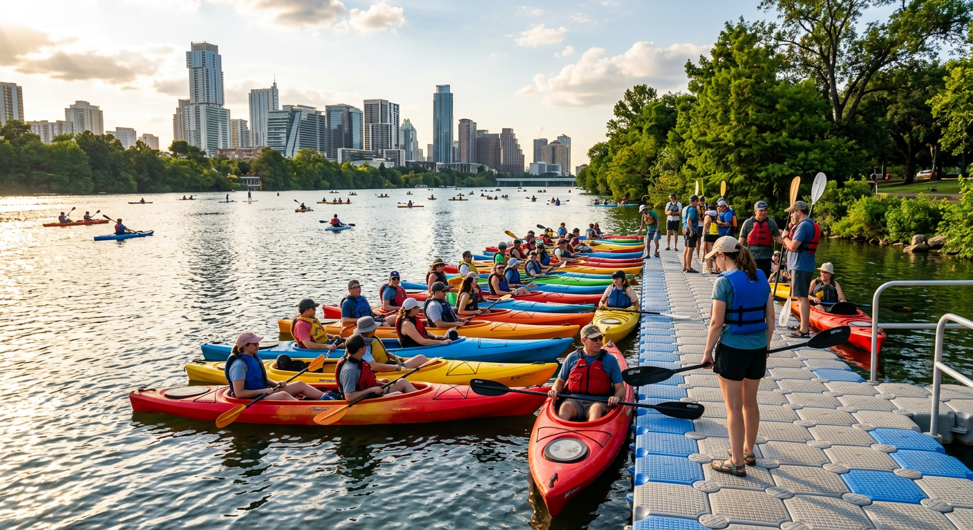 Kayakers waiting in line on a floating plastic dock near Zilker Park