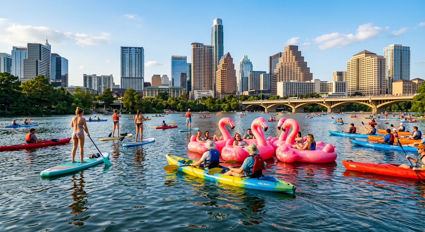 Kayakers dodging pink flamingo floats and paddleboards on a busy stretch of Lady Bird Lake