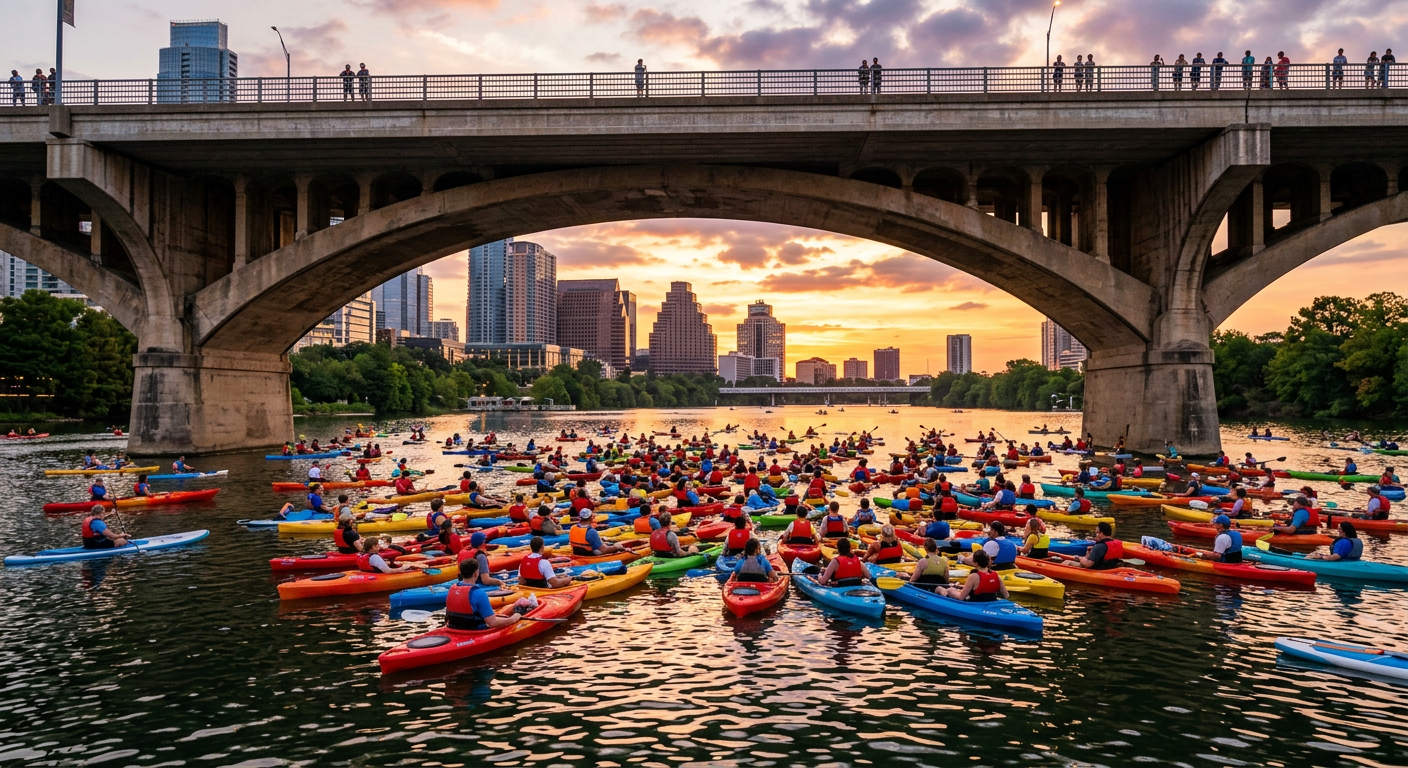 A crowded group of kayaks clustered together under a large concrete bridge at sunset in Austin