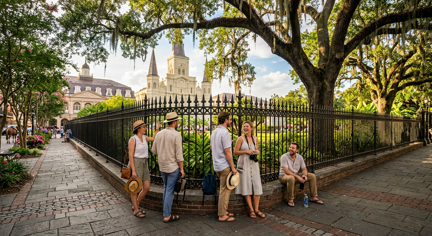 A casual group gathering near the wrought-iron fence of Jackson Square under large oak trees