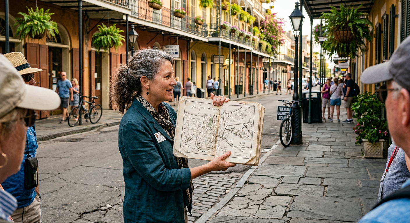 A walking tour guide holding historical maps near a cracked sidewalk in the French Quarter of New Orleans