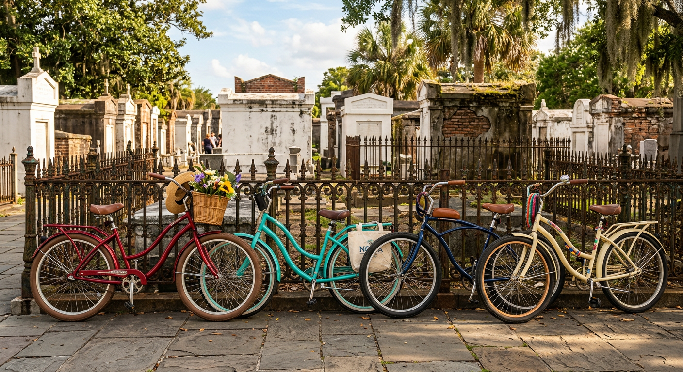 A row of cruiser bicycles leaning against a weathered cast-iron fence near a historic New Orleans cemetery
