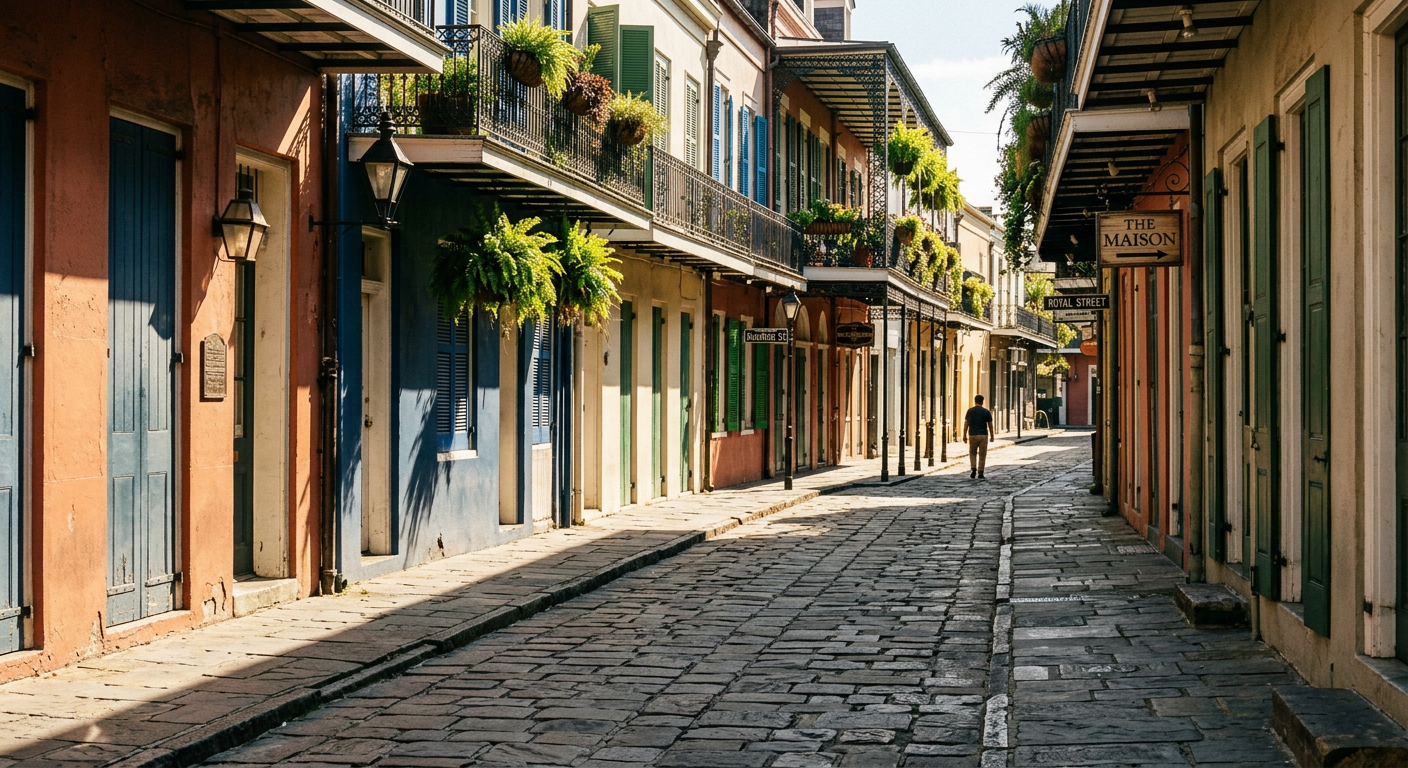 Shadows stretching across a quiet cobblestone alley in the French Quarter during midafternoon