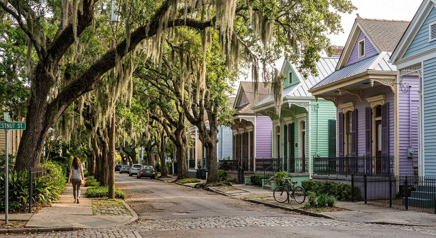 Oak trees draped in Spanish moss shading a quiet street of historic shotgun houses in the Lower Garden District