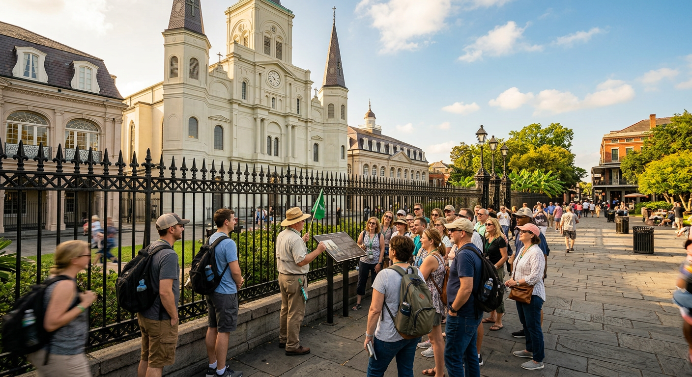 Tour groups gathering near the iron fences of St. Louis Cathedral in the French Quarter