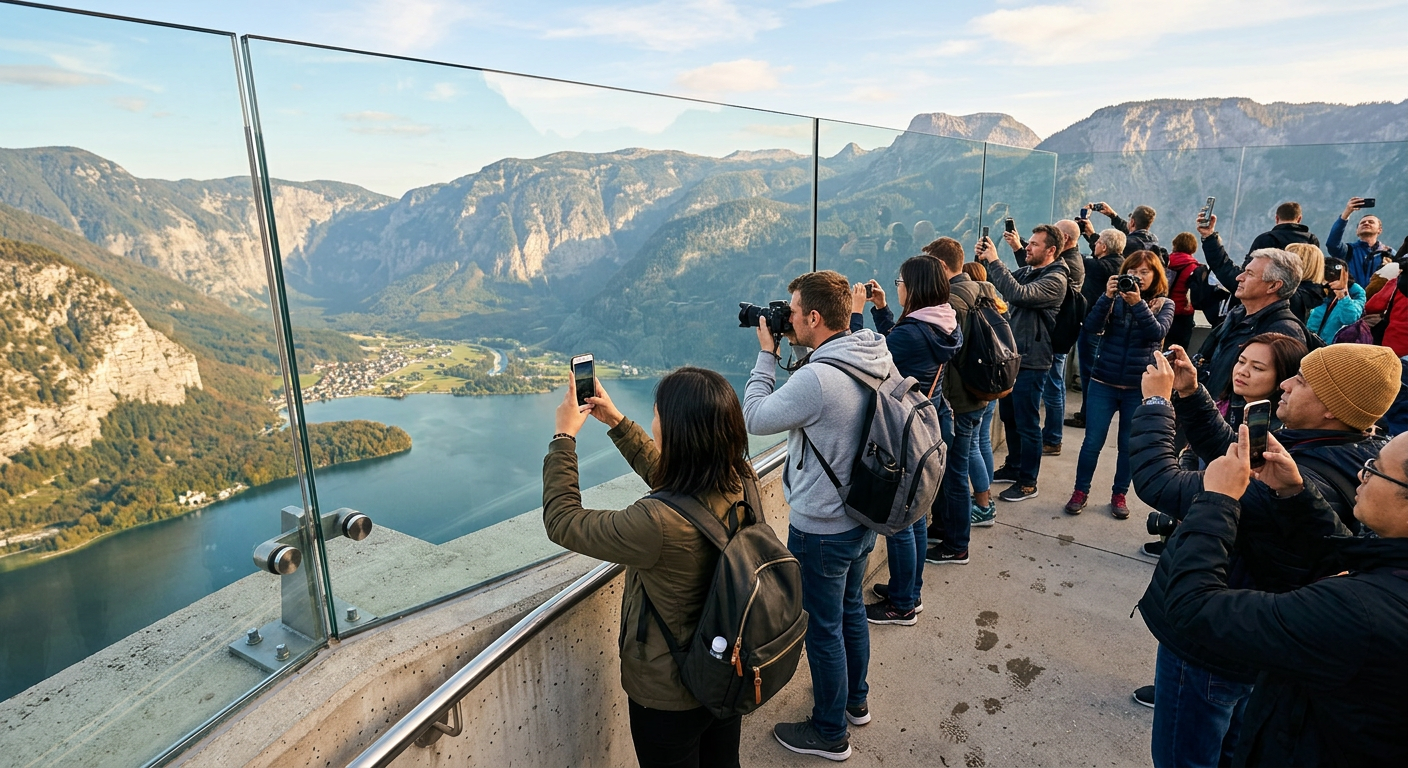 Tourists holding phones and cameras up against tall glass panels surrounding a concrete observation deck