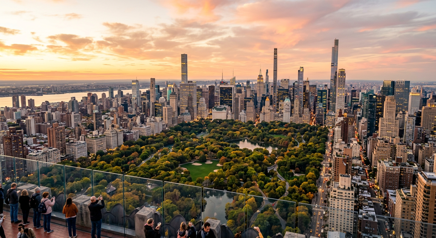 Dense Manhattan skyline and Central Park seen from a high rooftop observation deck level