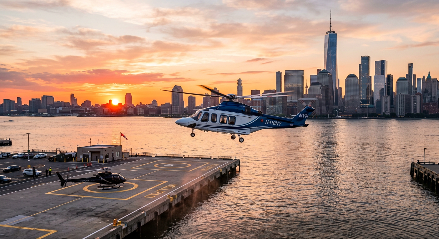 A helicopter hovering above the Hudson River near a concrete helipad at sunset