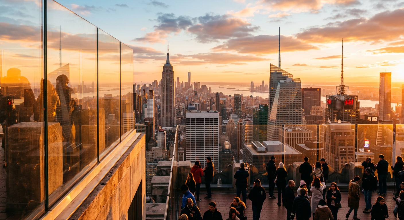 Golden sunlight reflecting off the thick glass viewing panes and busy concrete terraces at an elevated New York observation deck