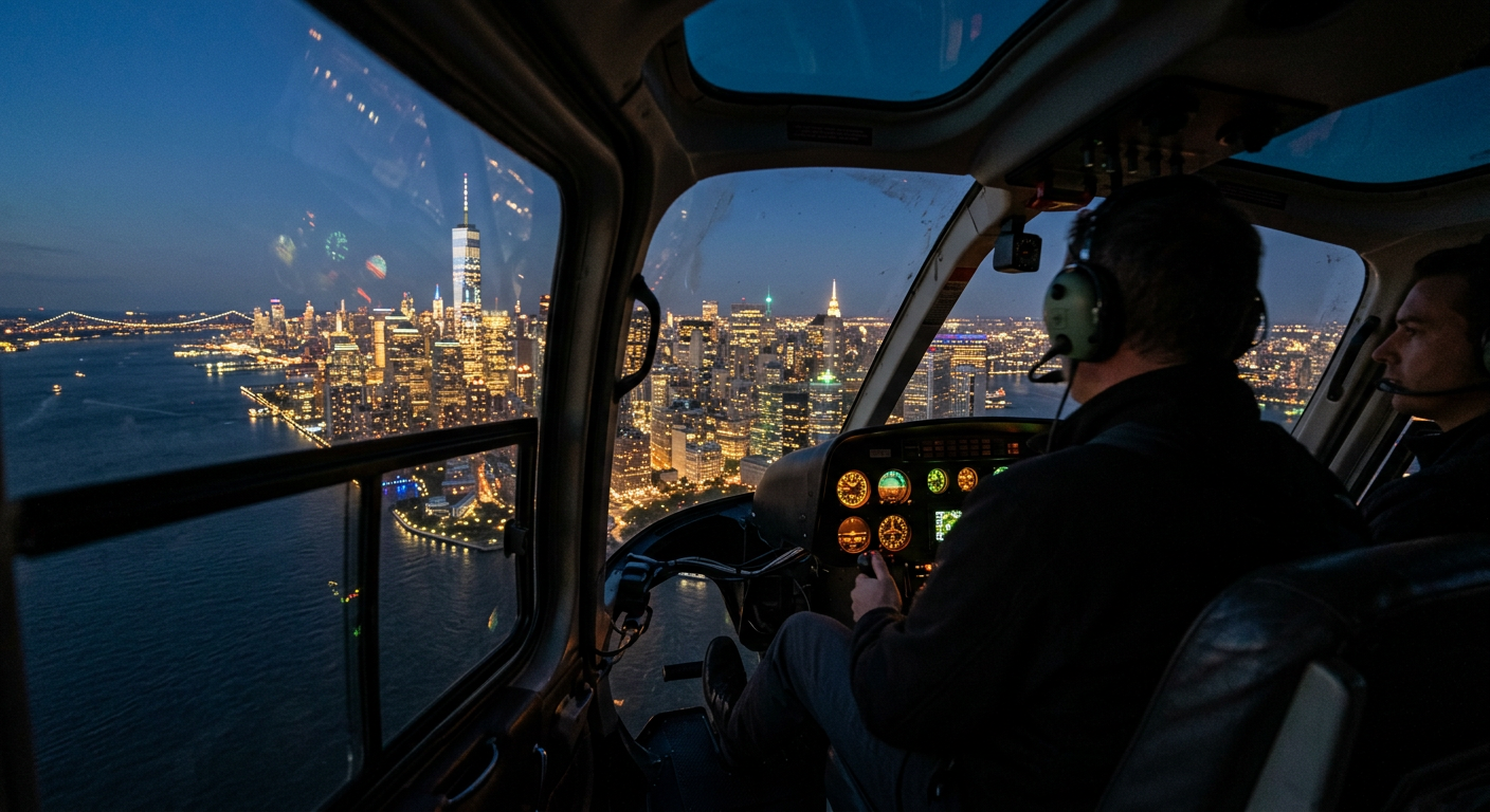 A dark helicopter cabin looking out over the illuminated Manhattan skyline from high above the Hudson River