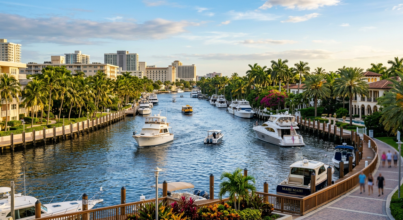 Boats navigating the calm waters of the Intracoastal Waterway in Fort Lauderdale lined with palm trees and docks