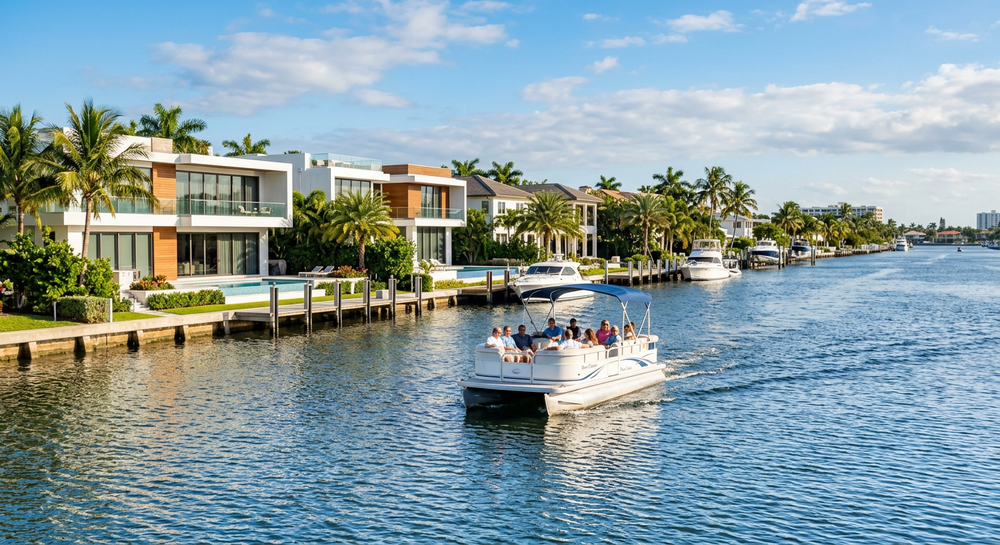 A pontoon boat slowly cruising past modern waterfront homes on a sunny day in the New River
