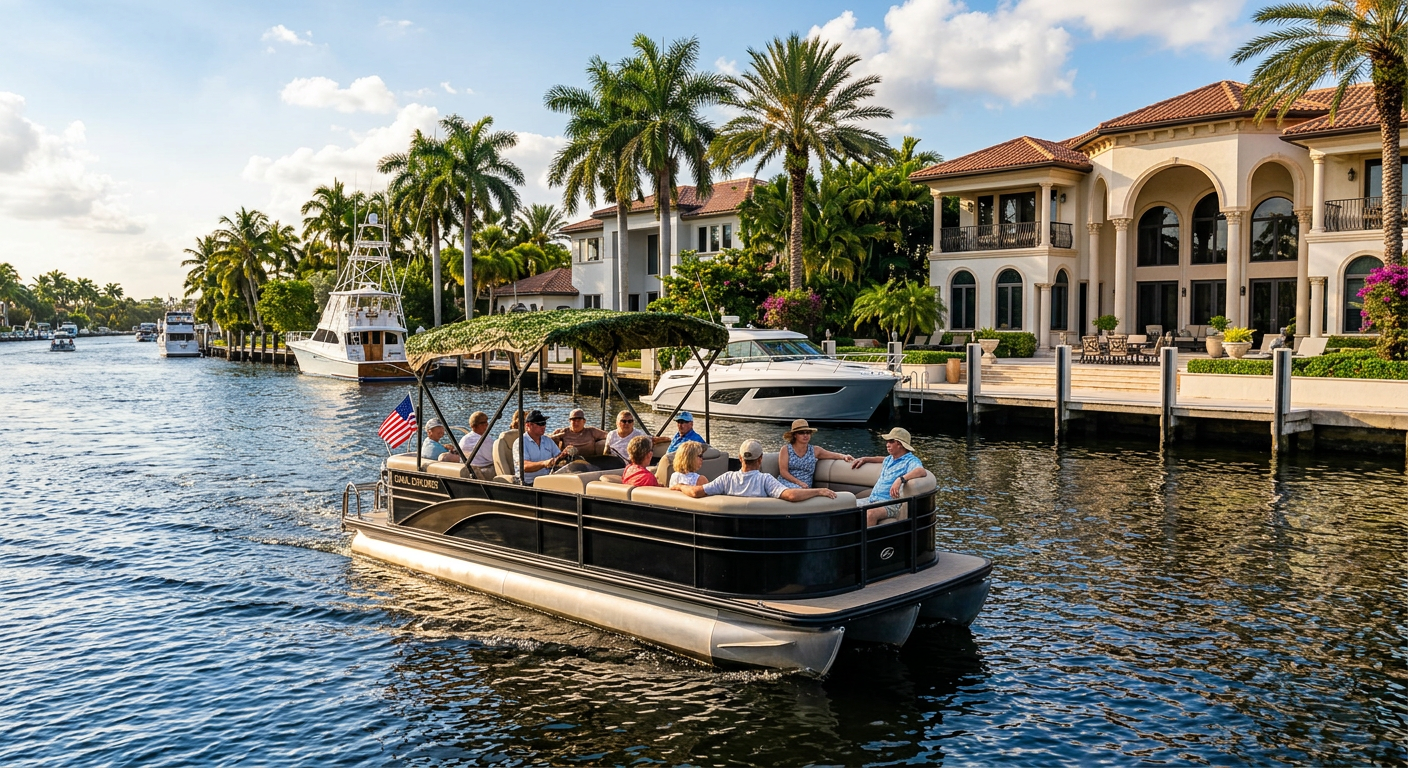 A pontoon boat navigating past large waterfront homes in Fort Lauderdale canals