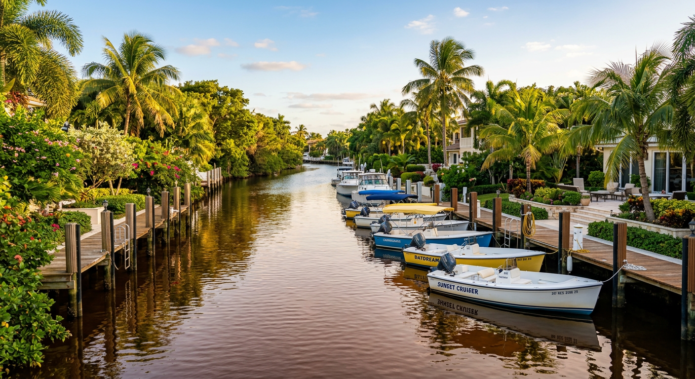 Several small rental boats anchored in a narrow, tree-lined residential canal in Fort Lauderdale