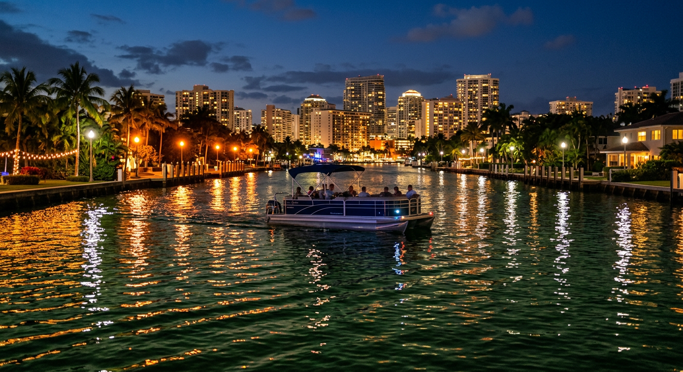 A pontoon boat returning through the Fort Lauderdale canals as city lamps reflect on the dark green water