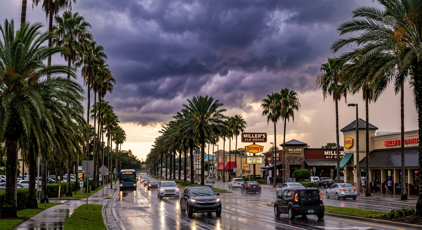 Dark purple storm clouds gathering over an Orlando street lined with wet palm trees
