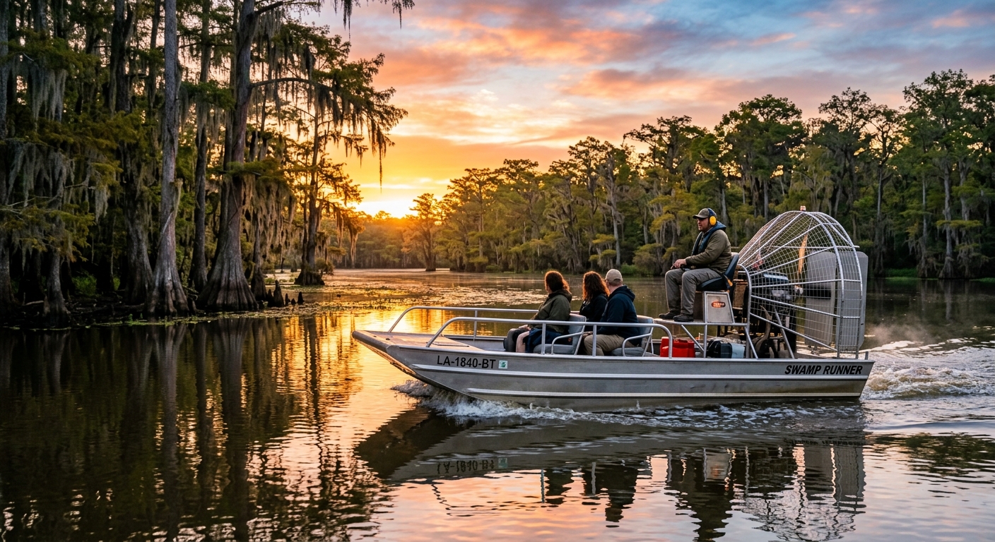 An aluminum airboat gliding over flat marsh water near wild cypress trees at sunrise