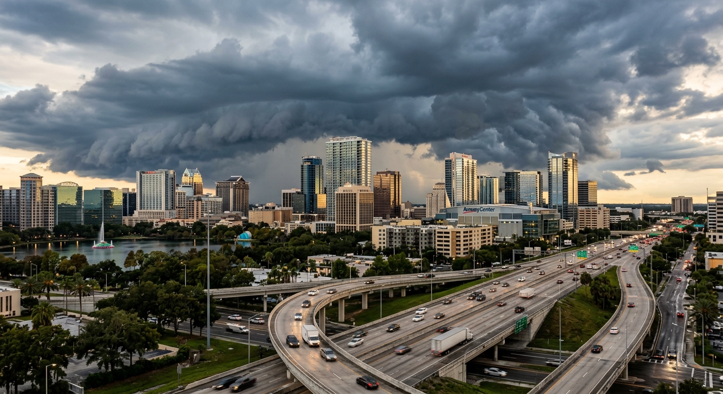 Dark thunderclouds building over downtown Orlando skyscrapers and concrete highways