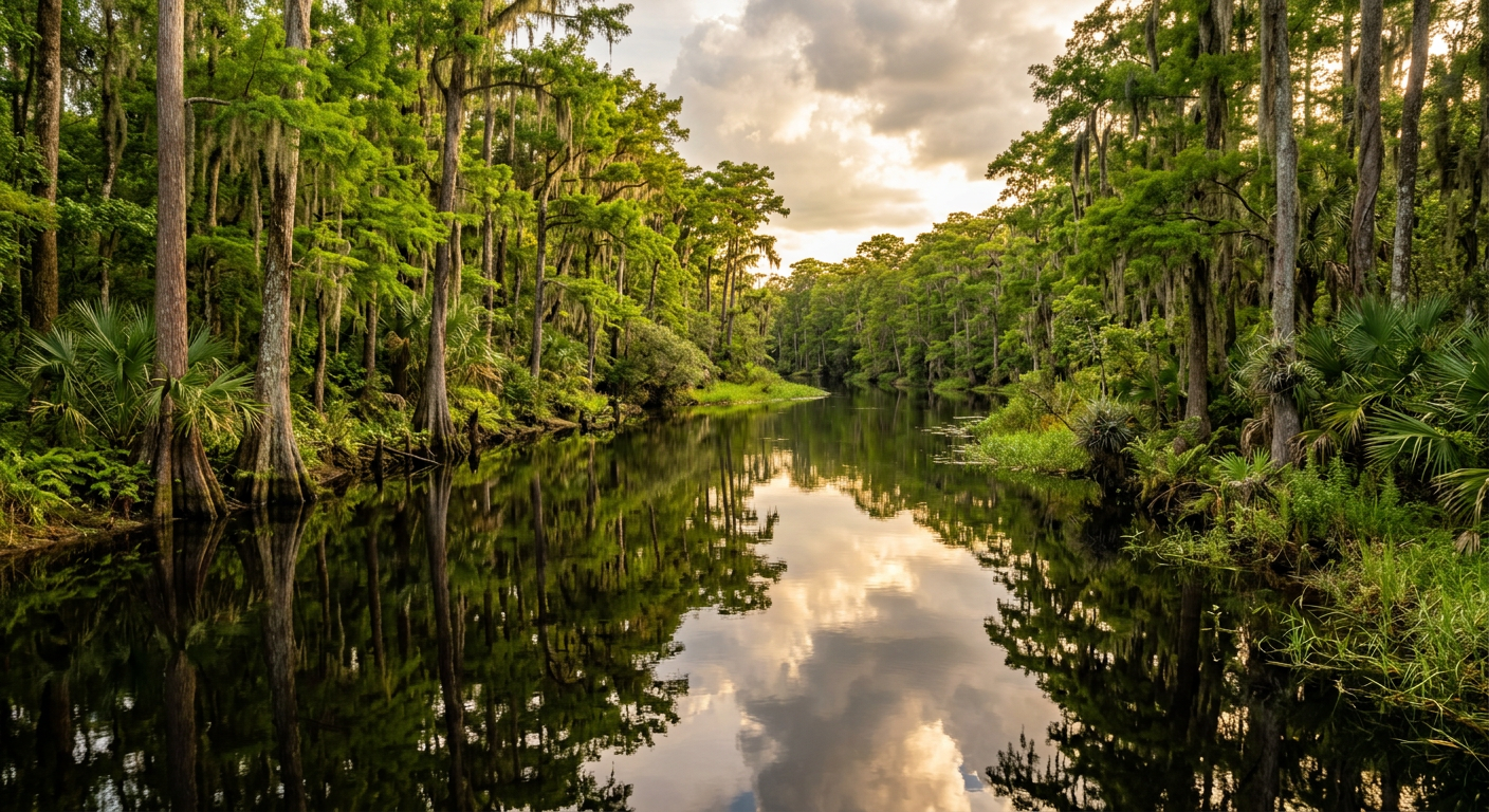 Glassy water reflecting green cypress trees along an empty Central Florida creek after a summer storm