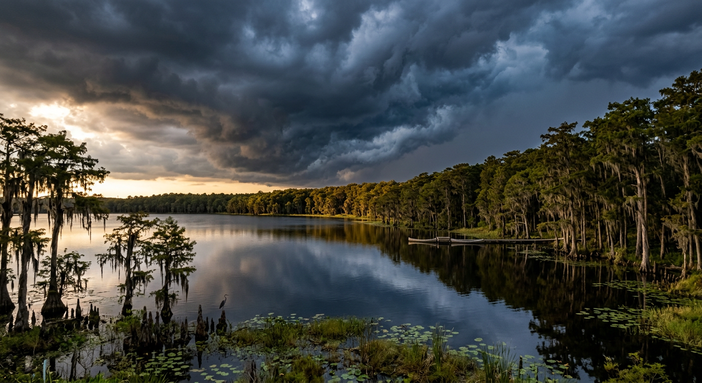 Dark thunderclouds gathering over a calm Central Florida lake surrounded by cypress trees
