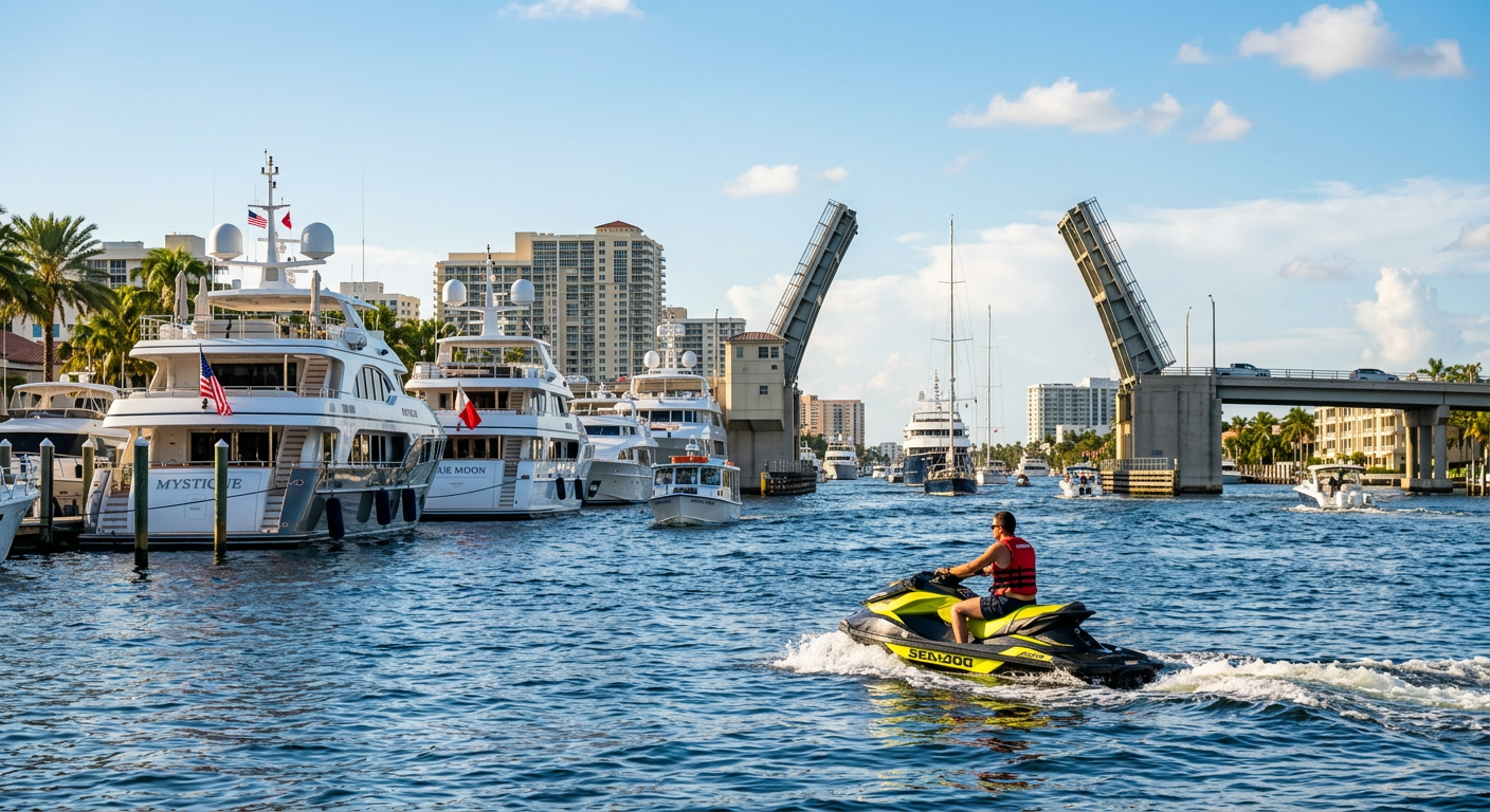 A rider navigating a jet ski past large yachts and a drawbridge on the busy Intracoastal Waterway in Fort Lauderdale