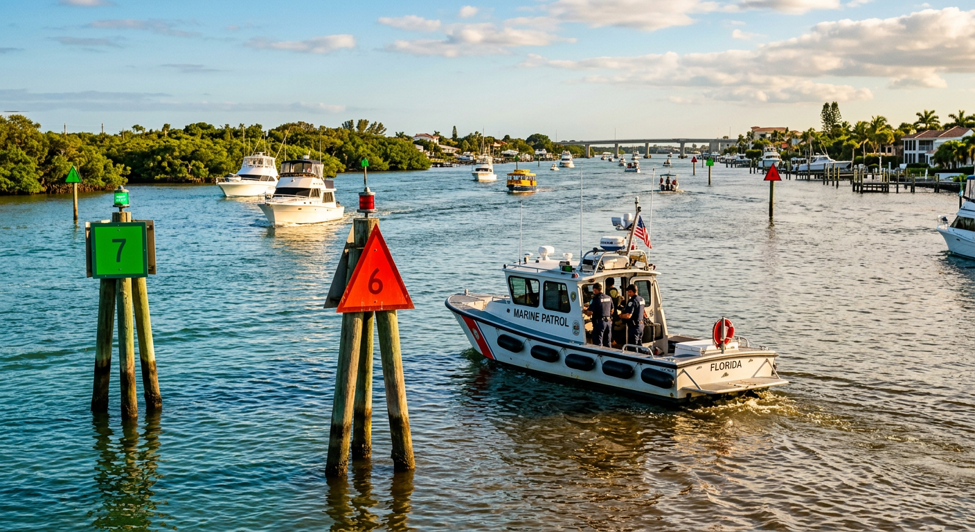 A marine patrol boat idling near green and red wooden channel markers in a busy Intracoastal waterway
