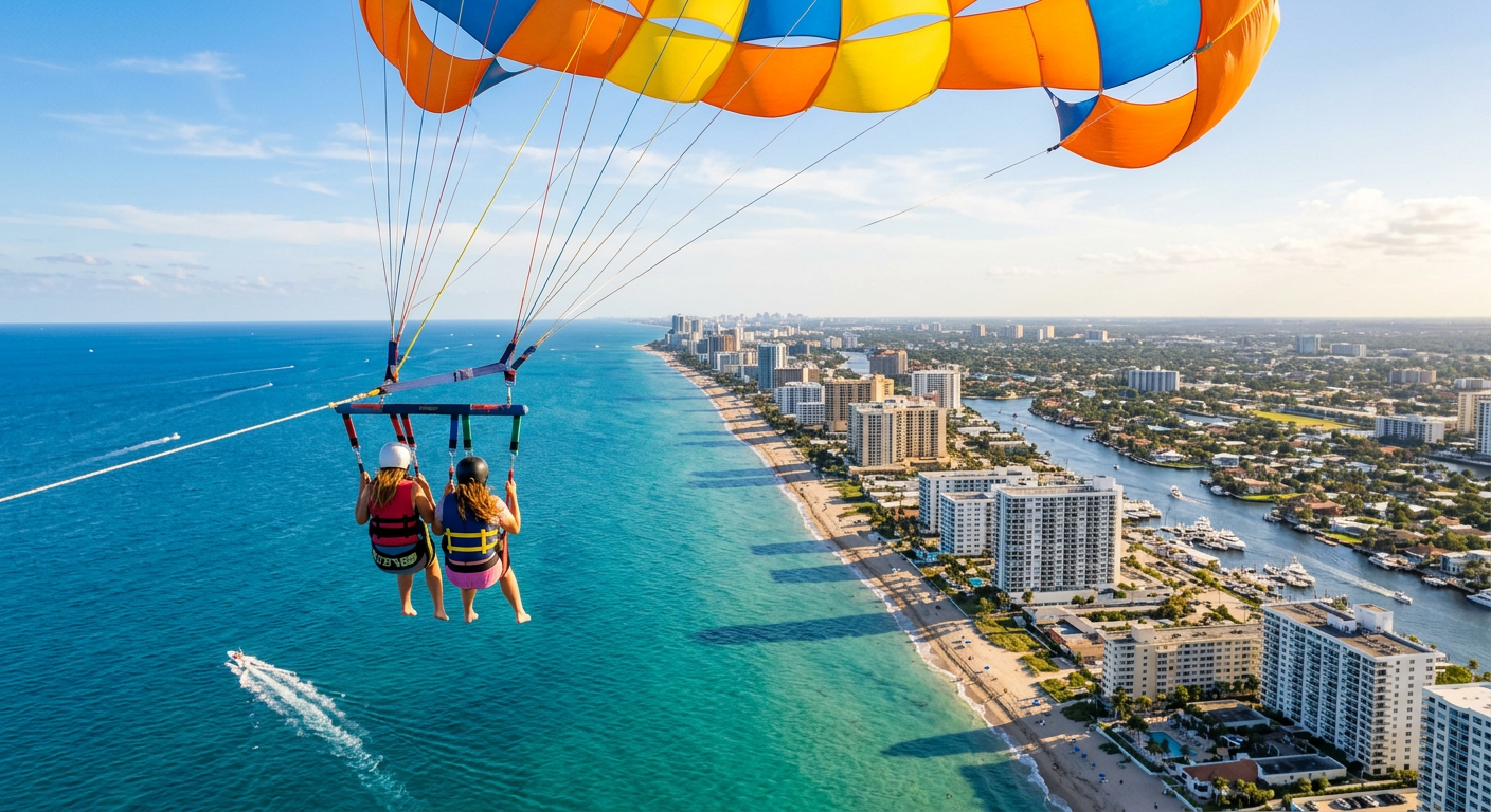 Two passengers suspended in a parasail harness high above the blue Fort Lauderdale coastline