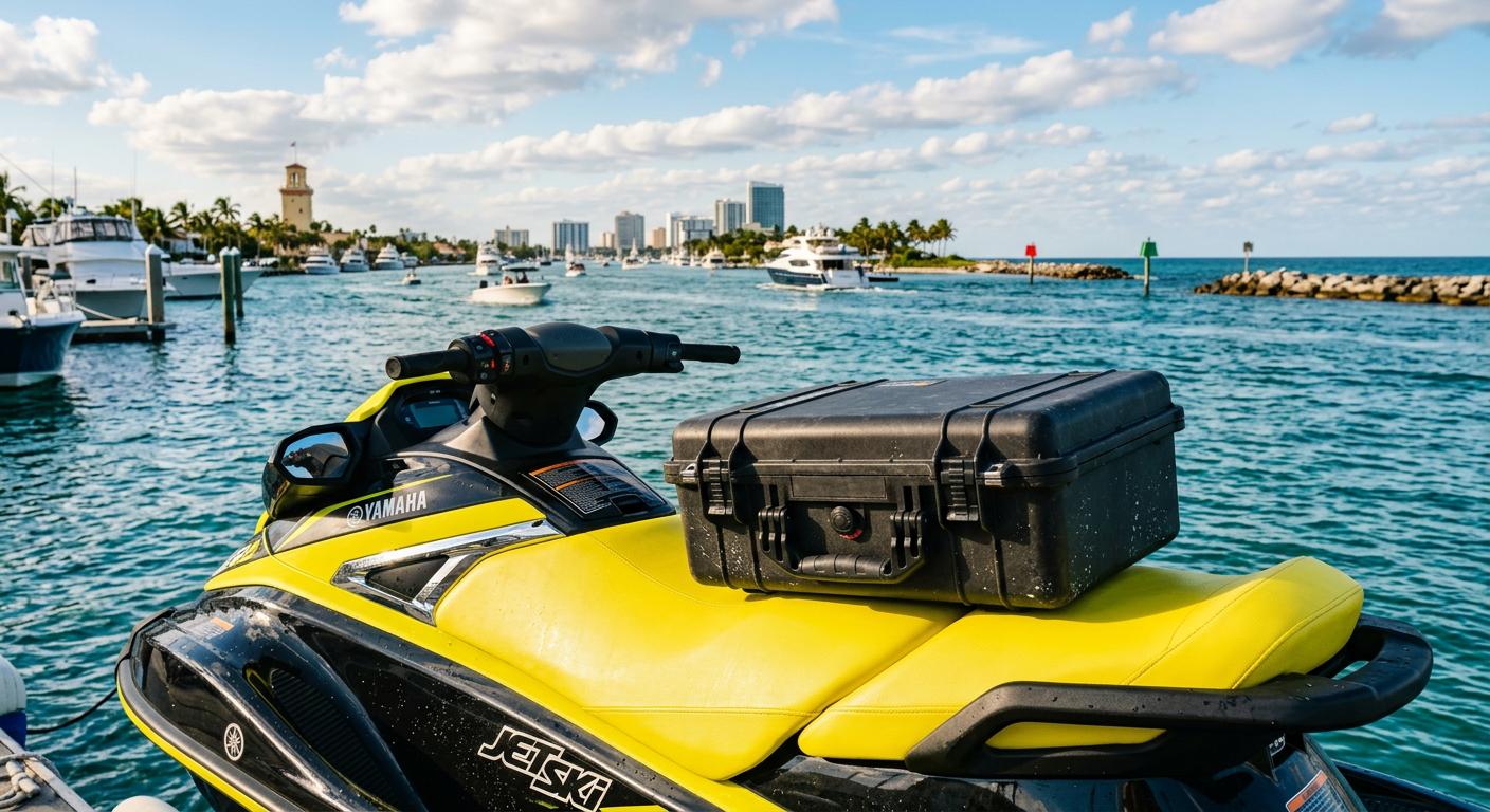 A closed waterproof hard case resting on a bright yellow jet ski seat near the Fort Lauderdale inlet