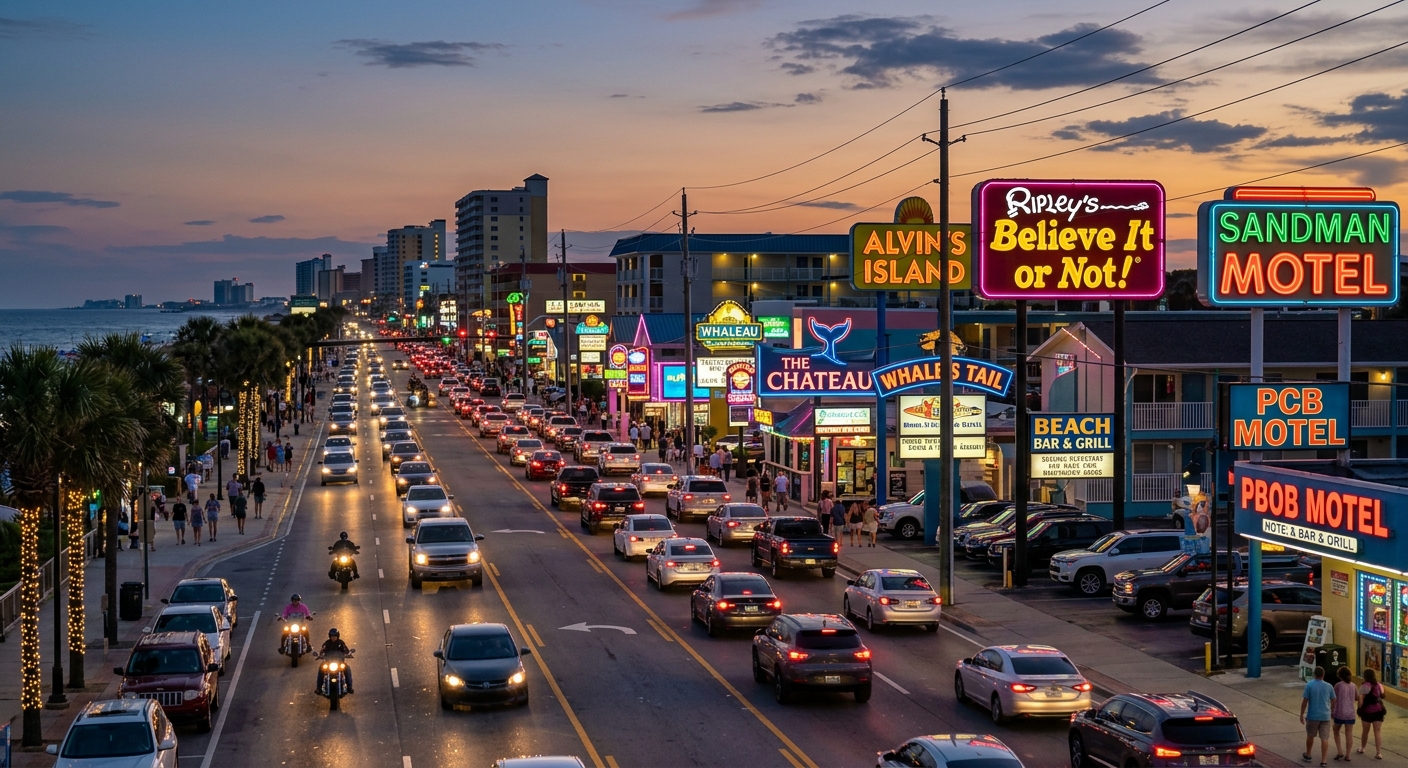 Traffic and brightly colored neon signs along Front Beach Road in Panama City Beach on a busy afternoon