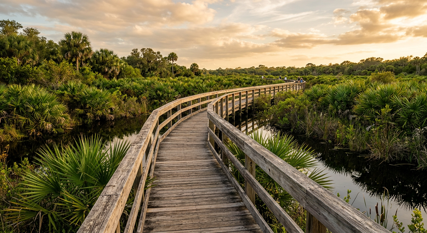 A wooden boardwalk stretching over dark marsh water surrounded by native Florida palmettos