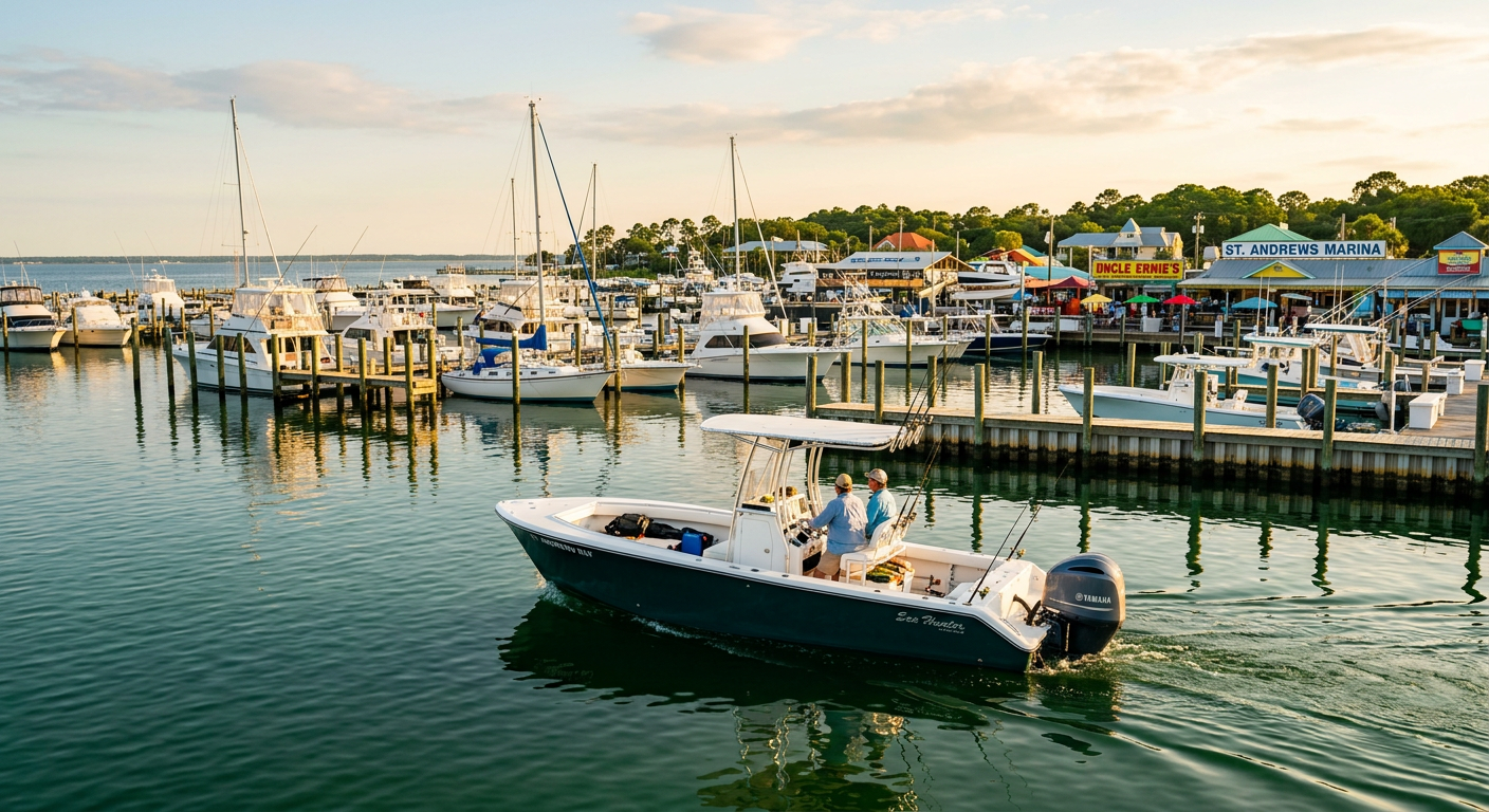 Small center-console skiff cruising through calm, dark green water near the St. Andrews marinas