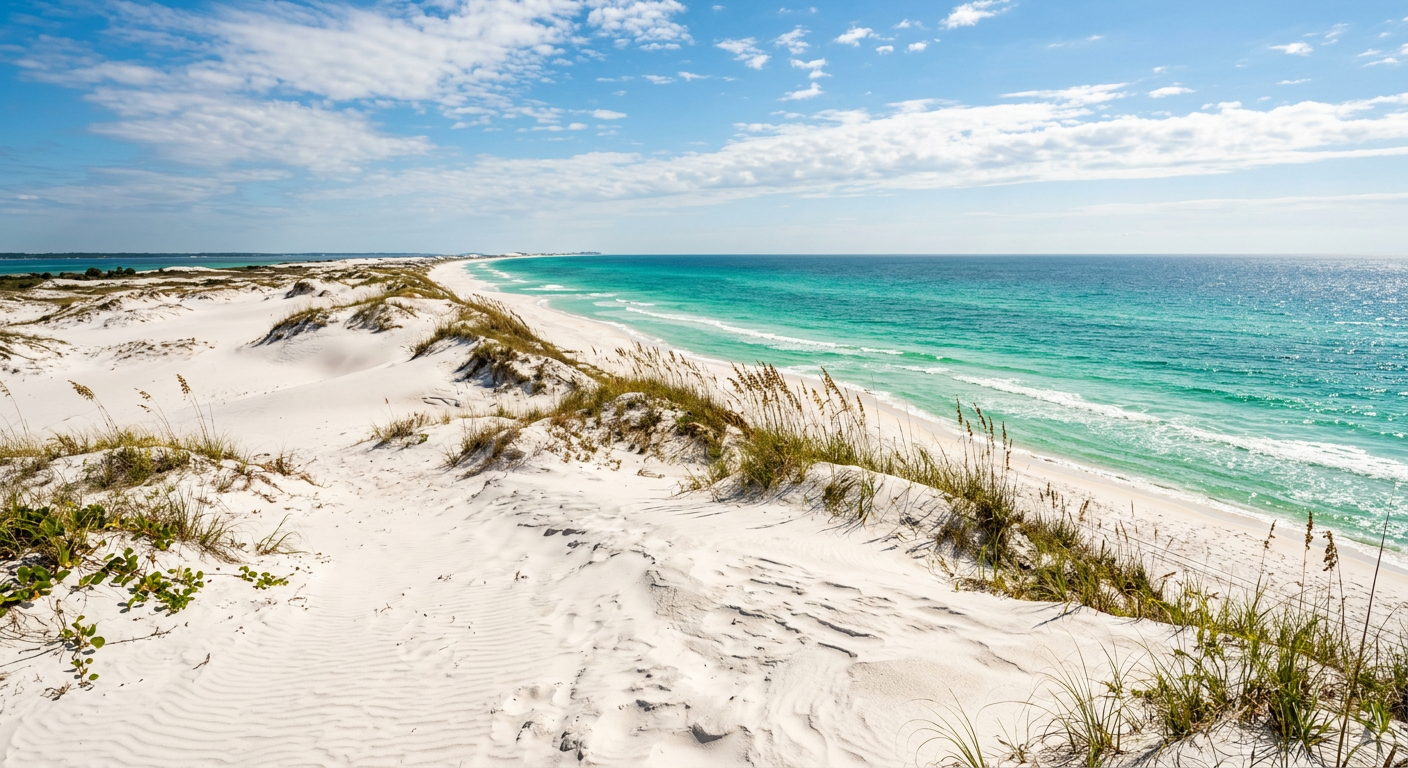 Empty white quartz sand dunes of Shell Island contrasting with clear emerald green Gulf waters on a sunny day in Florida